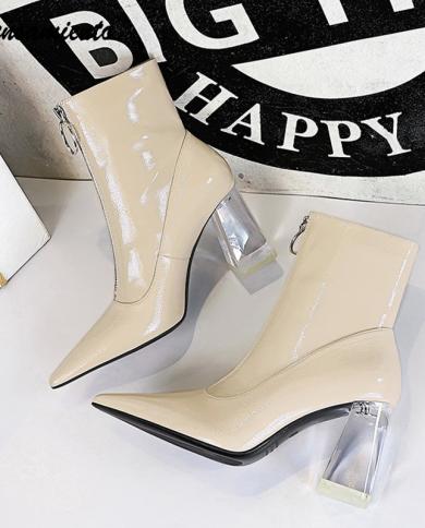 New Fashion Patent Leather Crystal Transparent Heeled Women Boots Autumn Winter Zip High Heels Chelsea Ankle Boots Chunk