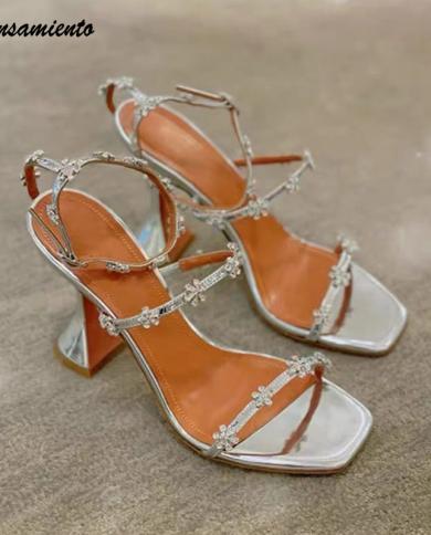 Luxury Crystal Flowers Women Sandals Fashion Ankle Strap Buckle High Heels Gladiator Sandals Elegant Summer Wedding Prom