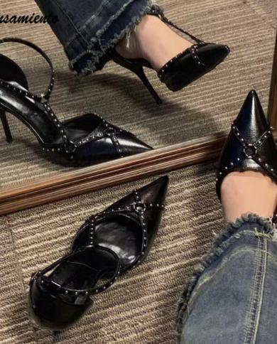 Famous Brand Style Vintage Rivet Women Pumps Elegant Pointed Toe Cross Strap Thin High Heels Fashion Summer Office Lady 