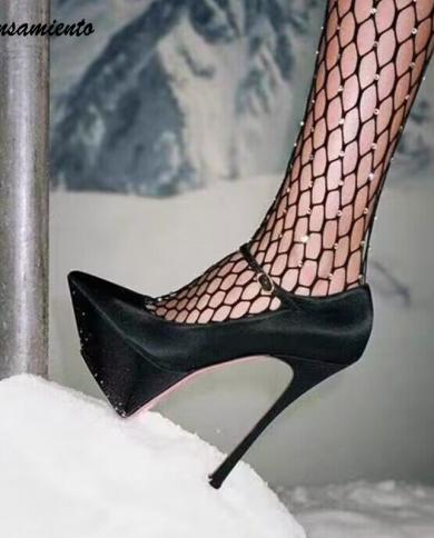 Runway Style Luxury Satin Platform Women Pumps Spring Summer Mary Janes Spike High Heels Elegant Pointed Toe Party Weddi