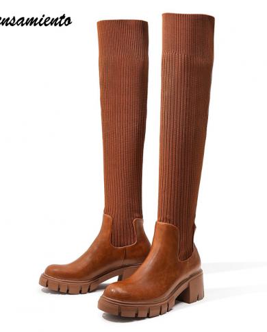 حجم 3643 النساء أحذية للدراجات النارية أزياء الخريف الشتاء محبوك تمتد الفخذ أحذية عالية سميكة بكعب فوق الركبة التمهيد