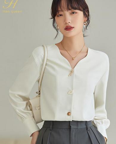 H Han Queen New Arrival Autumn V Neck Shirt Womens Blouses Vintage Work Casual Tops Chiffon Blouse Elegant Loose Shirts 