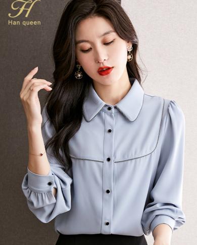 H Han Queen New 2023 Spring Loose Long Sleeve Chiffon Blouse Work Casual Tops Color Matching Blouses Womens Chic Vintag