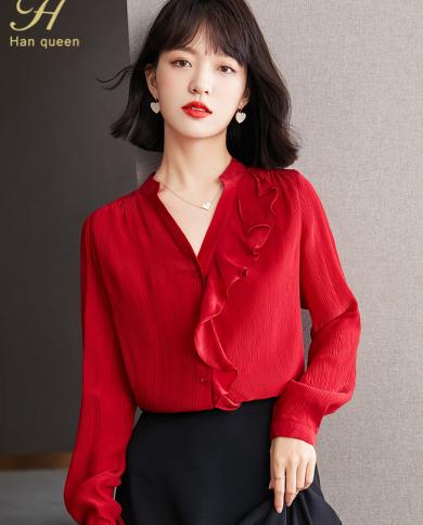 H Han Queen Spring Autumn Blouses Loose Red V Neck Long Sleeve Chiffon Blouse Work Casual Tops Womens Business Vintage 