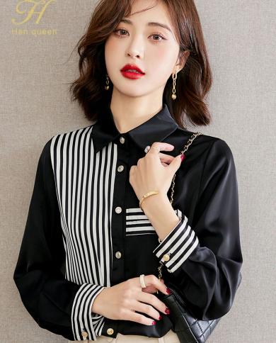 H Han Queen 2023 Spring Autumn Stripe Shirt Womens Blouses Vintage Work Casual Tops Chiffon Blouse Elegant Office Loose 