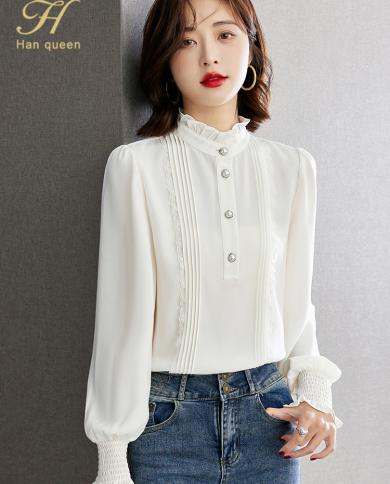 H Han Queen New 2023 Spring Autumn Blouses Women Single Breasted Shirts Office Work Chiffon Blouse Chic White Vintage Lo