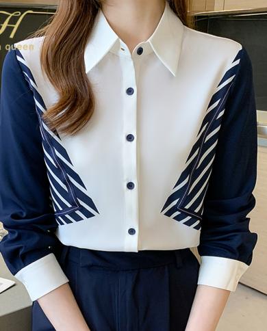H Han Queen New Color Matching Shirt Womens Blouses Vintage Work Casual Tops Chiffon Blouse Long Sleeve Loose Business 