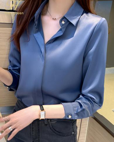 H Han Queen Autumn Simple Series Occupation Shirt Womens Vintage Blouses Work Casual Tops Chiffon Blouse Elegant Loose 