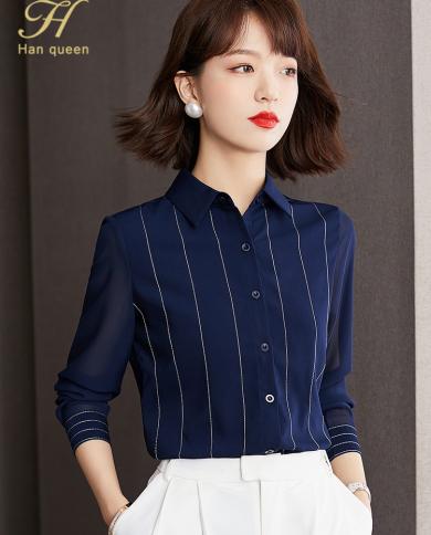 H Han Queen 2022 Autumn Blusas Women Simple Occupational Chiffon Blouse Female Stripes Tops Casual Shirt  Loose Blouses