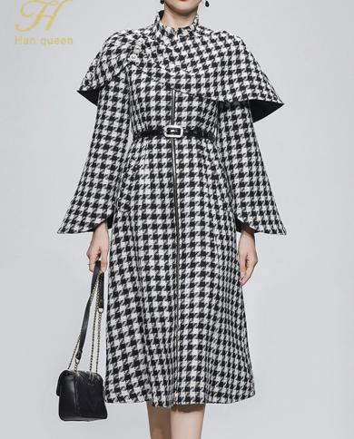 Han Queen Autumn Winter 2 Pieces Houndstooth Coat Dresses Flare Sleeve Fashion Professional Dress Simple Office Casual V
