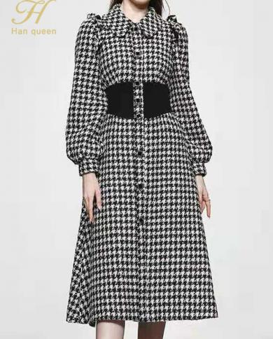 H Han Queen Autumn Winter Elegant Fashion Houndstooth Tweed Vintage Dress Womens Simple Office Dresses Casual Business V