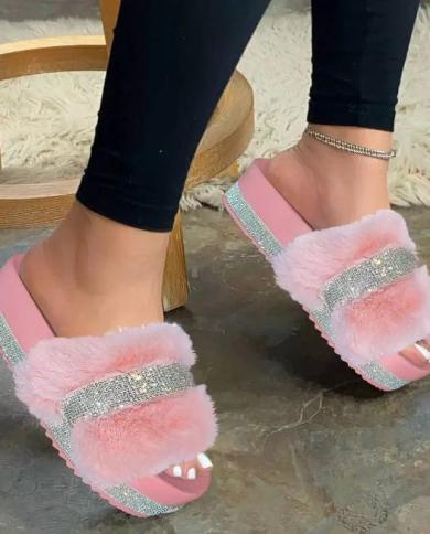 2022 Summer New Designer Ladies Rhinestone Slippers Thick Sole Wedge Heel Heel Heightening  Slippers Furry Slides For Wo