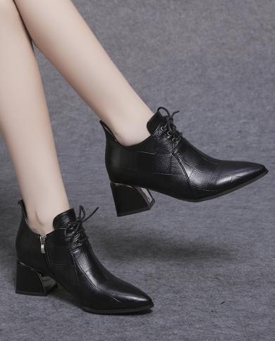 2023 Retro Spring New Women Shoes Mid Heel Lace Up Pointed Toe Shoes Ankle Boot Female Casual Comfort Short Boots Botas 