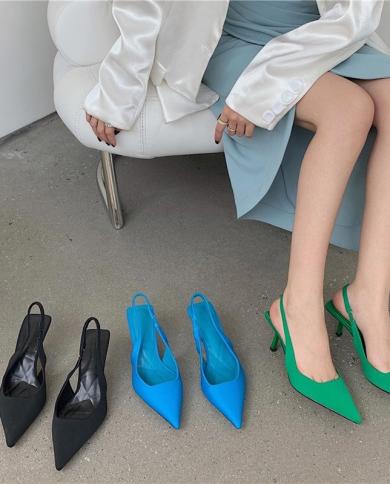 2022 Spring New Fashion Pointed Toe Stiletto Elegant Medium Heel Womens Shoes Back Empty Toe Sandals Party High Heeled 