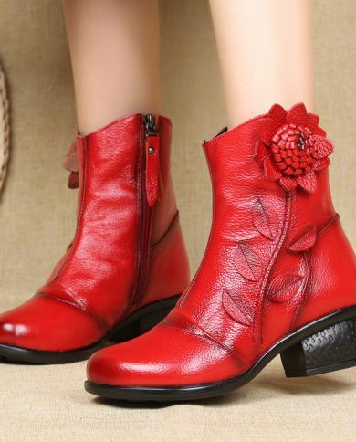 Winter Womens Ankle Boots Retro Low Heels Ethnic Casual Flowers Female Mom Shoes Round Toe Plush Keep Warm Short Botas 