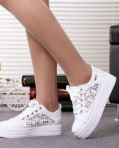 2022 New Summer Women Flats Height Increase  Fashion Casual Outdoor Sports Shoes Cutouts Lace Canvas Hollow Breathable S