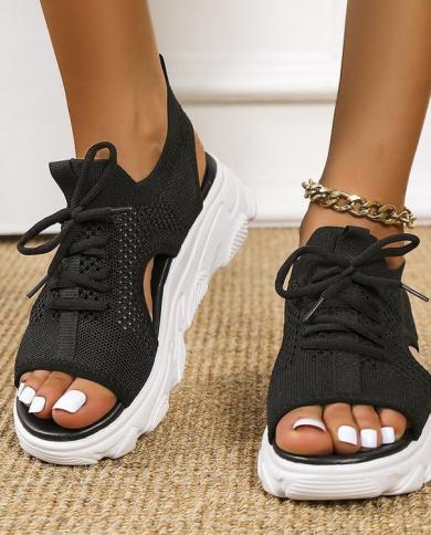 2022 New Mesh Breathable Sports Sandals Fashion Lace Up Knited Casual Platform Summer Shoes Female Open Toe Wedge Sandal