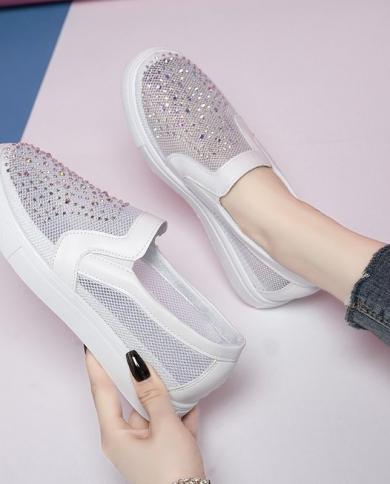 2022 Fashion Women Rhinestone Loafers Mesh Breathable Flat Slip On Shoes Platform Sole Outdoor Sports Comfortable Casual