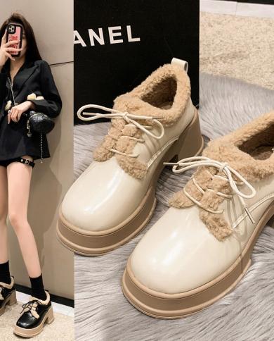 Women Thick Sole Mary Jane High Heels Shoes Retro Round Toe Lace Up Platform Pumps Female Winter Chunky Heels Warm Loafe