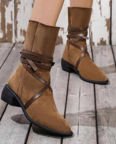 2022 Nova Moda Botas de Cowboy Western Cowboy Retro Alça Quadrada Salto Baixo Sapatos Femininos Plus Size Knight Boots Botas