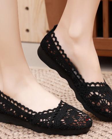 2022Novo Sapatos de Sapatos de Tecido de Malha Respirável Verão Elegante para Mulheres Estilo Étnico Renda Oca Moda Confortável 