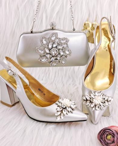Italian Design New Arrival Nigerian Crystal And Appliques Decoration Style Women Shoes And Bag Set In Silver Color For P