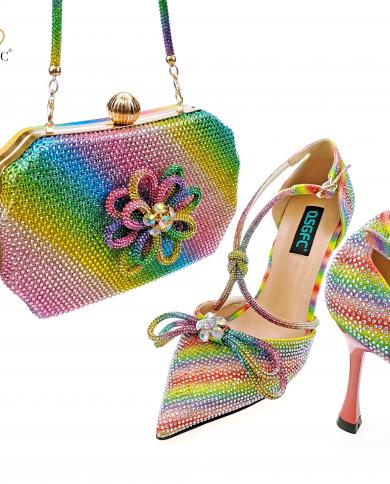 Qsgfc Banquet Womens Shoes And Bag Set Colorful Rhinestones And Rainbow Diamond Butterfly Design  Pumps