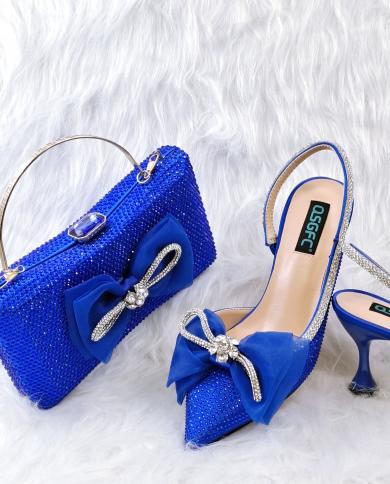 The Latest Ins Style Colorful Bow Allmatch Pointed Rhinestone Stiletto High Heels Royal Blue Color Womens Shoes And Bag