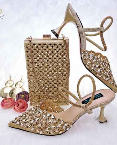 Qsgfc 2022 Latest Allmatch Hollow Design Golden Rhinestone Decoration Pointed Toe Highheeled Shoes Bag Set  Pumps