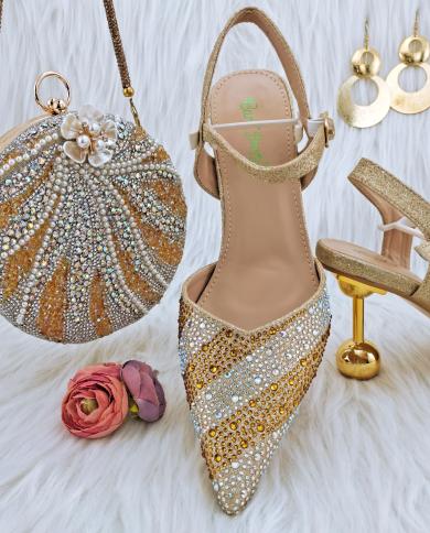 Qsgfc Nigeria Popular Golden Sparkling Diamond With Pearl Chain Decoration Party Ladies Shoes And Bag Set  Pumps