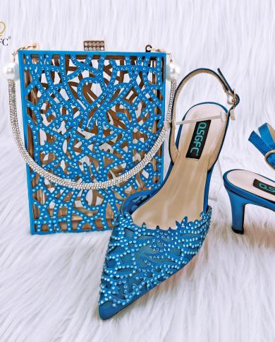 Qsgfc New Fashionable And Beautiful Sky Blue Mesh With Coral Pattern Hollow Design Trendy Party Ladies Shoes And Bag  Pu