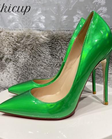 Tikicup لامع الزيتون الأخضر المرأة مدبب تو أحذية عالية الكعب المشاهير حفلة الانزلاق على خنجر مضخات 8 سنتيمتر 10 سنتيمتر 12 سنتيم
