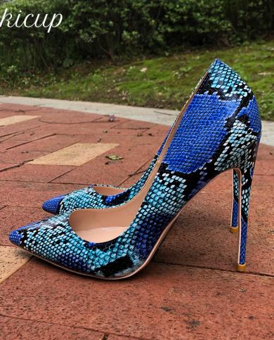 Tikicup الأزرق بيثون نمط المرأة أحذية عالية الكعب للغاية السيدات أنيقة أشار تو مضخات خنجر صغيرة الحجم 33 43 44