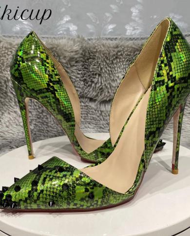 Tikicup الأخضر جلد الثعبان نمط المرأة مدبب تو أحذية Dorsay عالية الكعب مع المسامير 8 سنتيمتر 10 سنتيمتر 12 سنتيمتر ترصيع خنجر مض