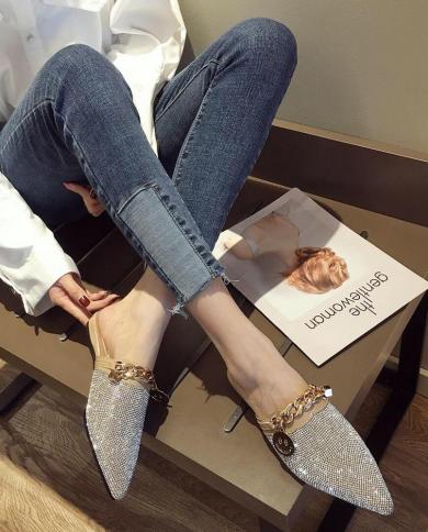 Comemore Slippers Female 2022 Metal Chain Rhinestone Shiny Bling Flat Sandals Slip On Evening Party Slides Shoes Silver 