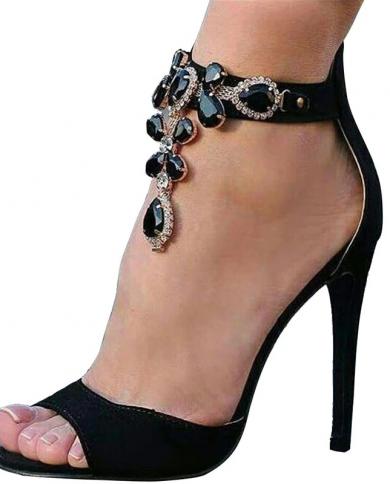 Comemore Black Crystal Women Rhinestone High Heel Sandals  Stilettos Ankle Strap Rhinestones Gladiator Shoes Free Shippi