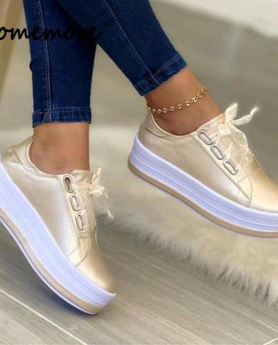 Comemore Spring 2023 Large Size 42 43 Womens Fashion Platform Sports Shoes Woman Round Toe Gold Women Casual Leather Sn