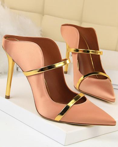 Comemore  New Women 10cm High Heels Slides Female Fashion Summer Mules Satin Slippers Lady Yellow Sandals Silk Pumps Sho