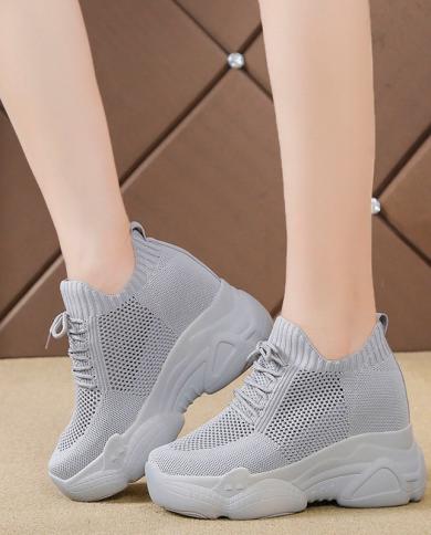 Comemore Hidden Heels Platform Sneakers Women Breathable Wedge Womens Sports Sock Shoes 2022 Spring Autumn Casual White