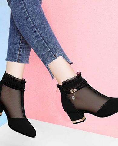 Comemore Autumn Mesh Boots Sandals Middle Heels Lace Shoes Women Rhinestone  Spring Summer Pumps Mujer Black Beautiful 2