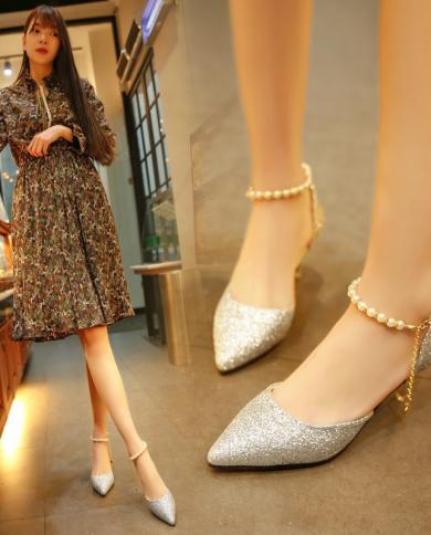 Comemore   Pointed Toe Wedding Bride High Heels Shoes Female Low Small Heel Sandals Party Office Gold Silver Women Pumps