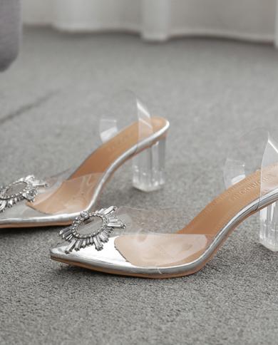 Comemore  Summer Transparent High Heels Sandals Women Luxury Pointed Evening Party Pumps Shoes Slingback Silver Elegant 