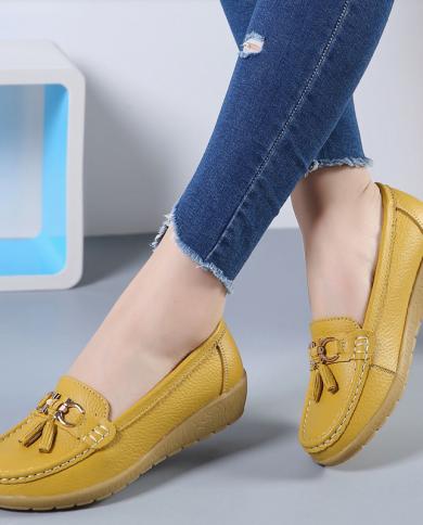 Comemore Womens Autumn Low Slipon Shoes Without Heels Loafers Ballet Flats Woman Leather Casual Female Mules Moccasin F