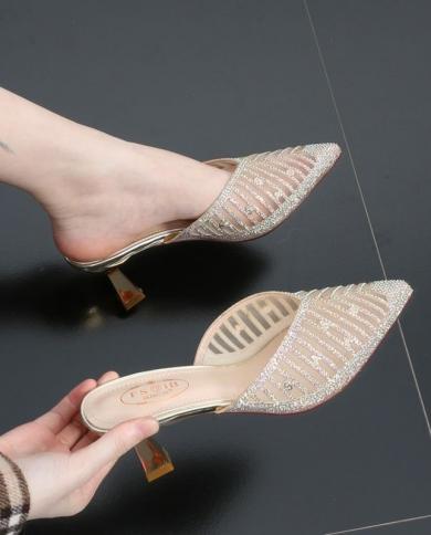 Comemore Half Slipper Women 2022 New Mules Rhinestone Pointed Toe High Heels Sandals And Slippers Summer Womens Summer 