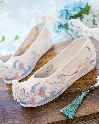 Comemore 2022 Hanfu Shoes Womens Embroidered Wedge Shoe Inner Height Increasing Warped Head Ancient Costume Flats Chine