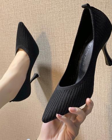 Comemore New Pointed High Heels Fashion Knitted Pumps Comfortable Stilettos Dress Womens Shoes Spring 2022 Trend Free S