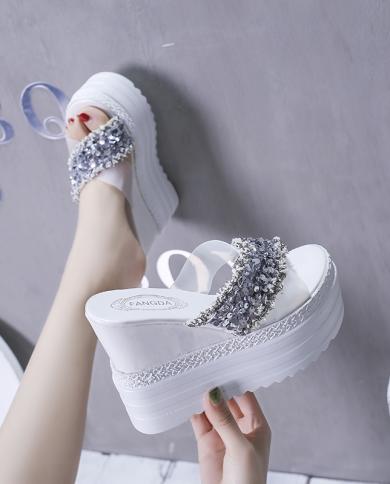 Comemore New Summer Rhinestone Wedges Heel Women Slippers Platform Sequins High Heels Without Back Ladies Shoes Zapatos 