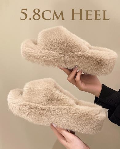 Comemore Fashion Luxury Fur Slides Women Furry Shoes 2022 Plus Size 42 High Heel Autumn Winter Indoor Casual Warm Plush 