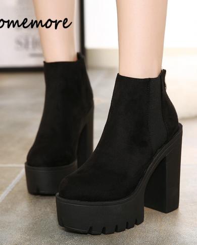 Comemore Black Ankle Boots For Women Spring Autumn Fashion Thick Heels Flock Platform Shoes High Heels Black Zipper Ladi