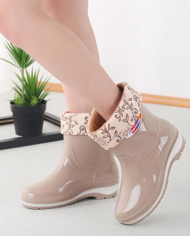 Comemore Pvc Womens Galoshes Lowheeled Rain Boots Waterproof Nonslip Rubber Water Shoes Heel Warm Autumn Winter Free Sh